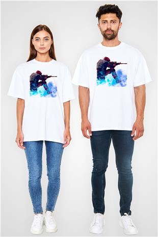 Counter Strike Baskılı Beyaz Unisex Oversize Tişört - Tshirt