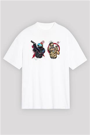 Counter Strike Baskılı Beyaz Unisex Oversize Tişört - Tshirt