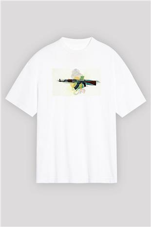 Counter Strike Baskılı Beyaz Unisex Oversize Tişört - Tshirt