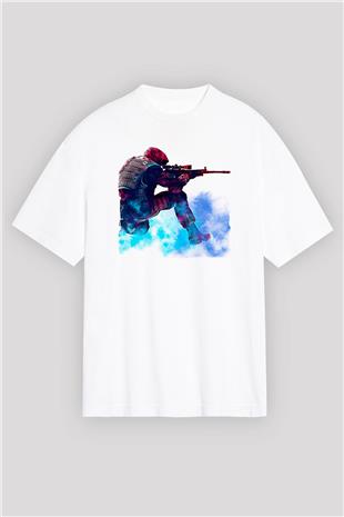 Counter Strike Baskılı Beyaz Unisex Oversize Tişört - Tshirt