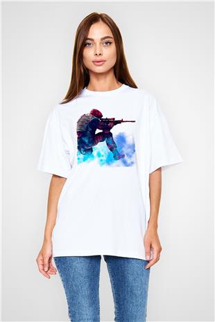 Counter Strike Baskılı Beyaz Unisex Oversize Tişört - Tshirt