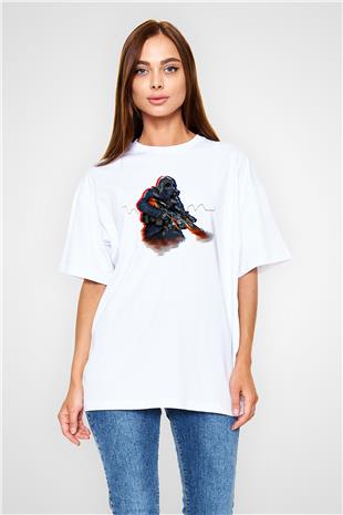 Counter Strike Baskılı Beyaz Unisex Oversize Tişört - Tshirt