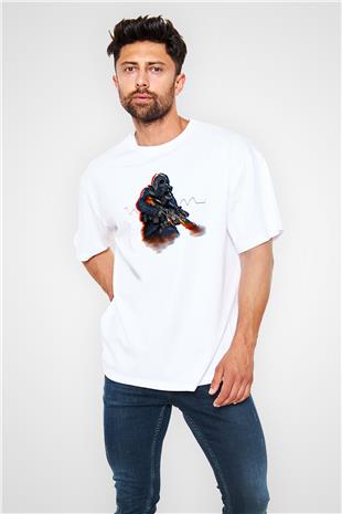 Counter Strike Baskılı Beyaz Unisex Oversize Tişört - Tshirt