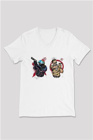 Counter Strike Baskılı Beyaz Unisex V Yaka Tişört - Tshirt