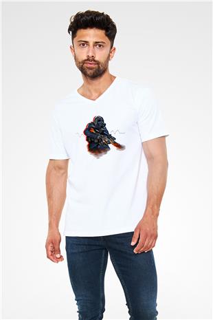 Counter Strike Baskılı Beyaz Unisex V Yaka Tişört - Tshirt
