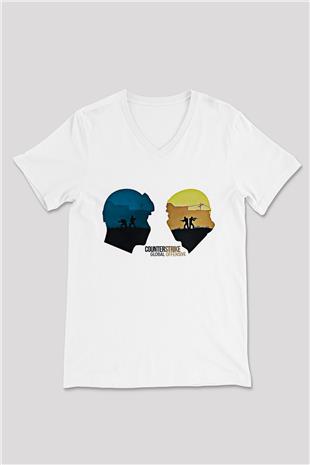 Counter Strike Baskılı Beyaz Unisex V Yaka Tişört - Tshirt