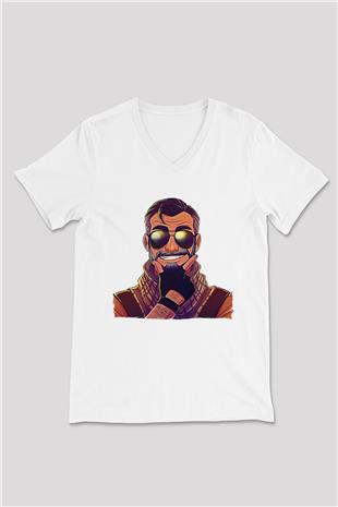 Counter Strike Baskılı Beyaz Unisex V Yaka Tişört - Tshirt