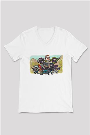 Counter Strike Baskılı Beyaz Unisex V Yaka Tişört - Tshirt