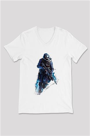 Counter Strike Baskılı Beyaz Unisex V Yaka Tişört - Tshirt