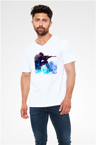 Counter Strike Baskılı Beyaz Unisex V Yaka Tişört - Tshirt