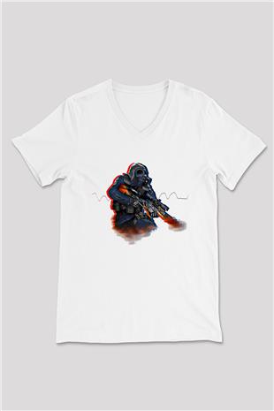 Counter Strike Baskılı Beyaz Unisex V Yaka Tişört - Tshirt
