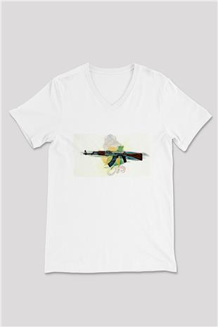 Counter Strike Baskılı Beyaz Unisex V Yaka Tişört - Tshirt
