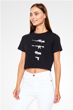 Counter Strike Baskılı Siyah Crop Top Kadın Tişört - Tshirt