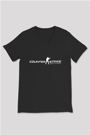 Counter Strike Baskılı Unisex Siyah V Yaka Tişört - Tshirt