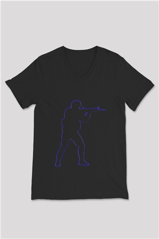 Counter Strike Baskılı Unisex Siyah V Yaka Tişört - Tshirt
