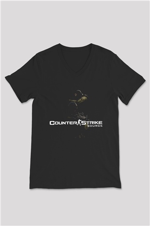 Counter Strike Baskılı Unisex Siyah V Yaka Tişört - Tshirt
