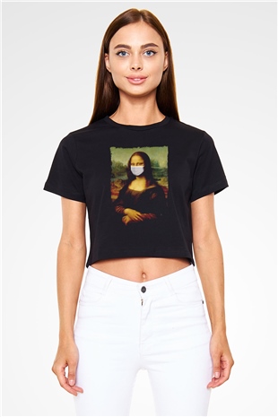 Covid Korona Mona Lisa Baskılı  Siyah  Crop Top Tişört