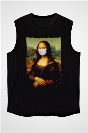 Covid Korona Mona Lisa Baskılı Unisex Siyah  Kolsuz Tişört
