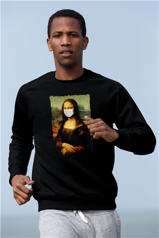 Covid Korona Mona Lisa Baskılı Unisex Siyah  Sweatshirt