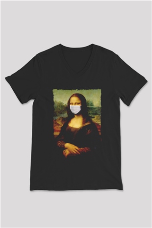Covid Korona Mona Lisa Baskılı Unisex Siyah  V Yaka Tişört