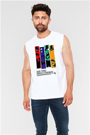 Cowboy Bebop Baskılı Beyaz Unisex Kolsuz Tişört - Tshirt