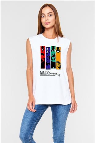 Cowboy Bebop Baskılı Beyaz Unisex Kolsuz Tişört - Tshirt