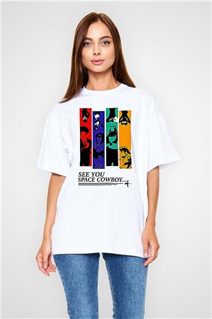 Cowboy Bebop Baskılı Beyaz Unisex Oversize Tişört - Tshirt
