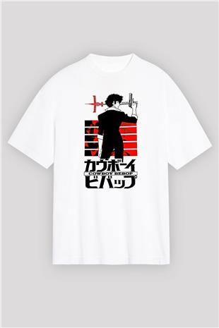 Cowboy Bebop Baskılı Beyaz Unisex Oversize Tişört - Tshirt