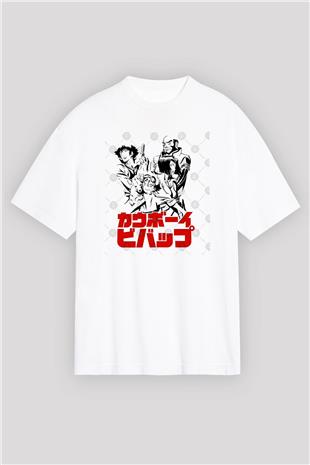 Cowboy Bebop Baskılı Beyaz Unisex Oversize Tişört - Tshirt