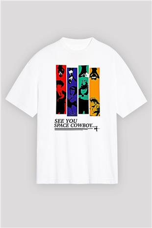 Cowboy Bebop Baskılı Beyaz Unisex Oversize Tişört - Tshirt