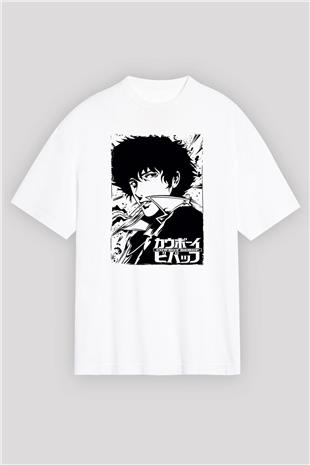 Cowboy Bebop Baskılı Beyaz Unisex Oversize Tişört - Tshirt