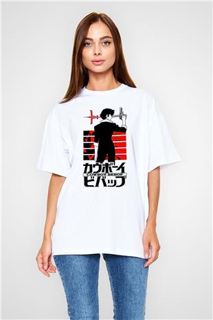 Cowboy Bebop Baskılı Beyaz Unisex Oversize Tişört - Tshirt
