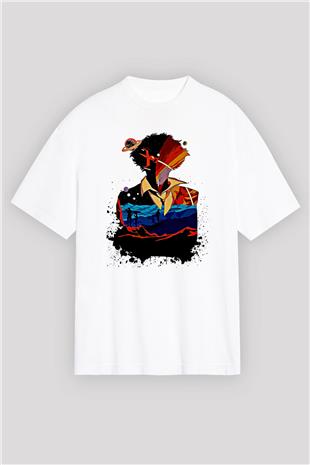 Cowboy Bebop Baskılı Beyaz Unisex Oversize Tişört - Tshirt