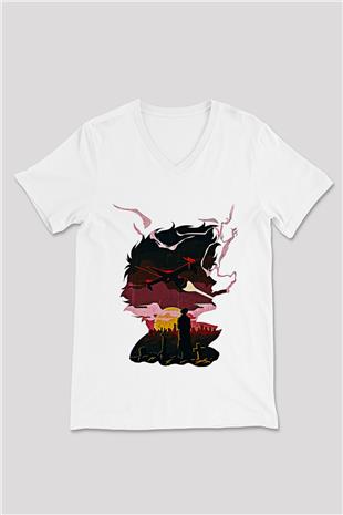 Cowboy Bebop Baskılı Beyaz Unisex V Yaka Tişört - Tshirt