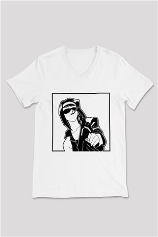 Cowboy Bebop Baskılı Beyaz Unisex V Yaka Tişört - Tshirt