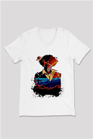 Cowboy Bebop Baskılı Beyaz Unisex V Yaka Tişört - Tshirt