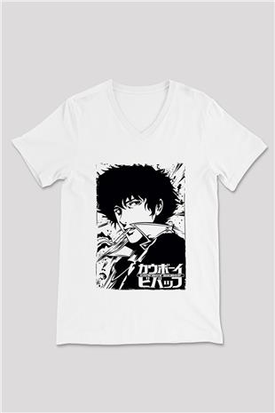 Cowboy Bebop Baskılı Beyaz Unisex V Yaka Tişört - Tshirt