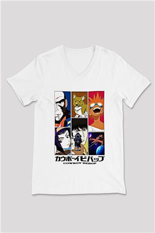 Cowboy Bebop Baskılı Beyaz Unisex V Yaka Tişört - Tshirt