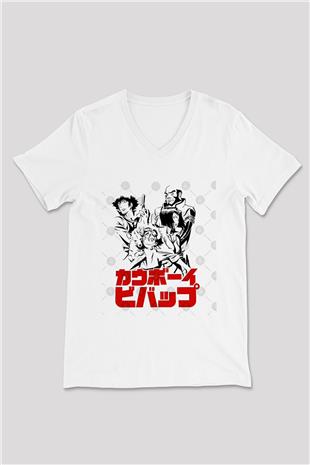Cowboy Bebop Baskılı Beyaz Unisex V Yaka Tişört - Tshirt