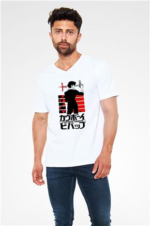 Cowboy Bebop Baskılı Beyaz Unisex V Yaka Tişört - Tshirt
