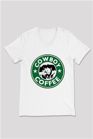 Cowboy Bebop Baskılı Beyaz Unisex V Yaka Tişört - Tshirt