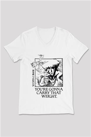 Cowboy Bebop Baskılı Beyaz Unisex V Yaka Tişört - Tshirt