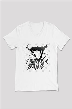 Cowboy Bebop Baskılı Beyaz Unisex V Yaka Tişört - Tshirt