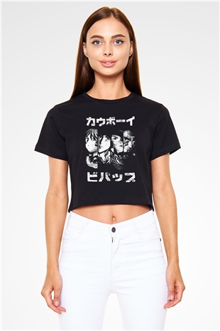 Cowboy Bebop Baskılı Siyah Crop Top Kadın Tişört - Tshirt