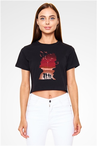 Cowboy Bebop Baskılı Siyah Crop Top Kadın Tişört - Tshirt