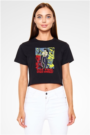 Cowboy Bebop Baskılı Siyah Crop Top Kadın Tişört - Tshirt