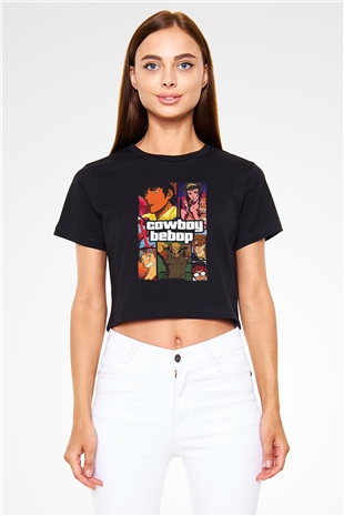 Cowboy Bebop Baskılı Siyah Crop Top Kadın Tişört - Tshirt