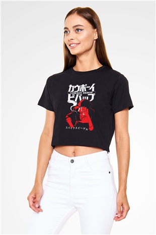 Cowboy Bebop Baskılı Siyah Crop Top Kadın Tişört - Tshirt