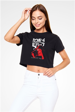 Cowboy Bebop Baskılı Siyah Crop Top Kadın Tişört - Tshirt
