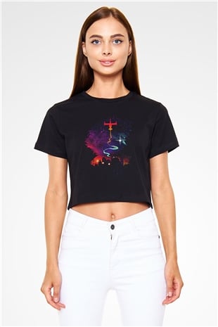 Cowboy Bebop Baskılı Siyah Crop Top Kadın Tişört - Tshirt